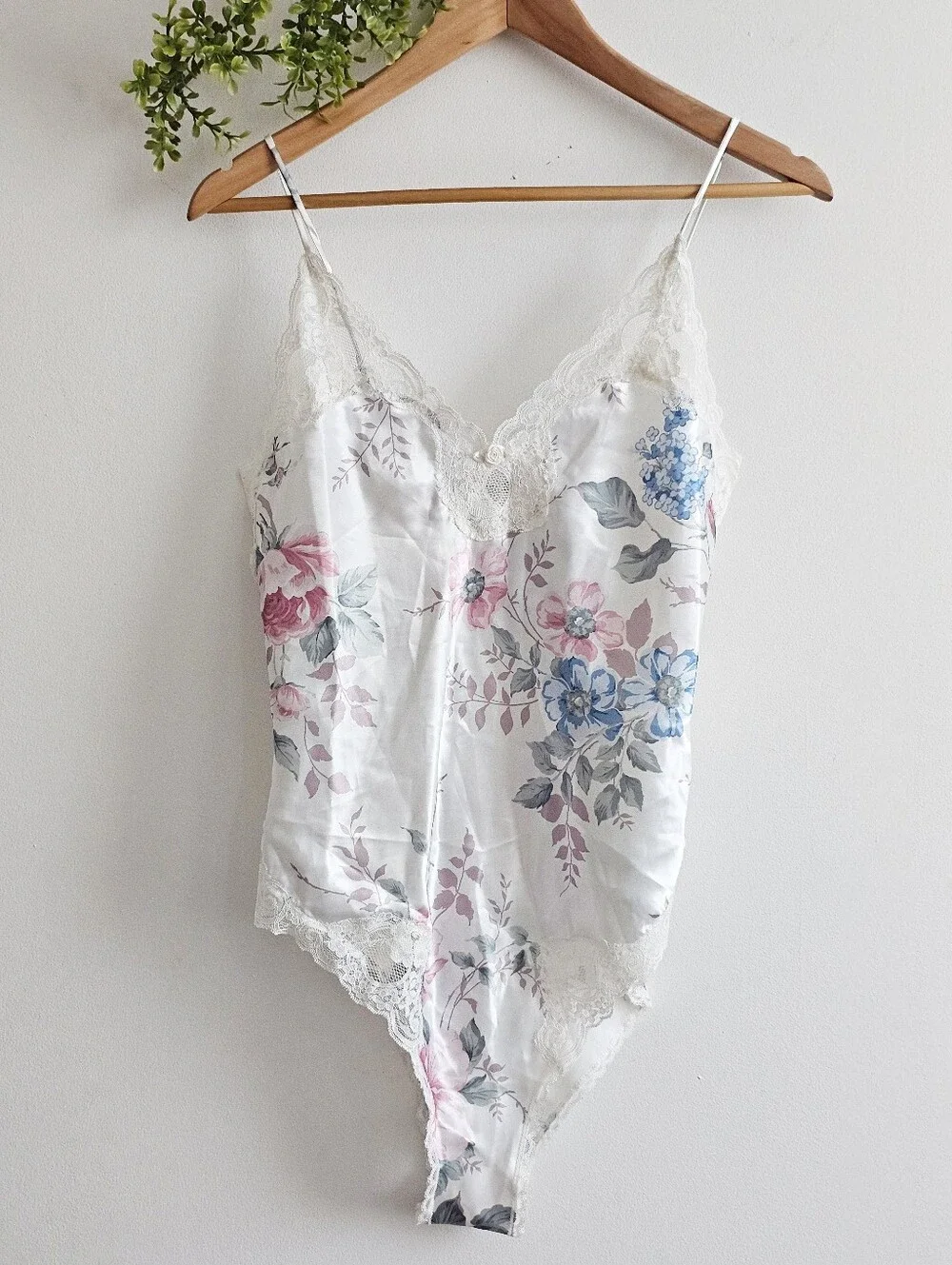 Vintage 80's Delicates Floral Satin Teddy Bodysuit Lace Lingerie Romper S
